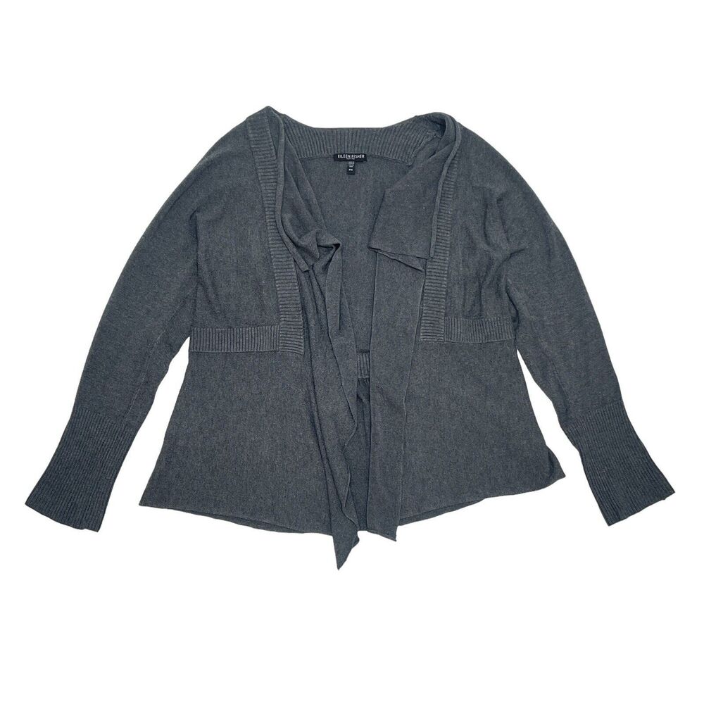 Eileen Fisher Sweater‎ Medium Petite Gray Cardigan Open Front Viscose Flowy